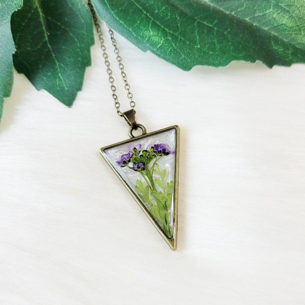 Floral Pendant Necklace Purple and Green Pressed Dried Flowers Triangle Bezel